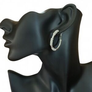 Hoop Earrings Silvertone CZ Accent Stones Post Back EUC